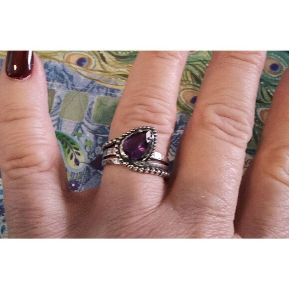 New~PAZ CREATIONS Pear Cut Genuine Amethyst Bead Statement Ring Sz 8~925 SS